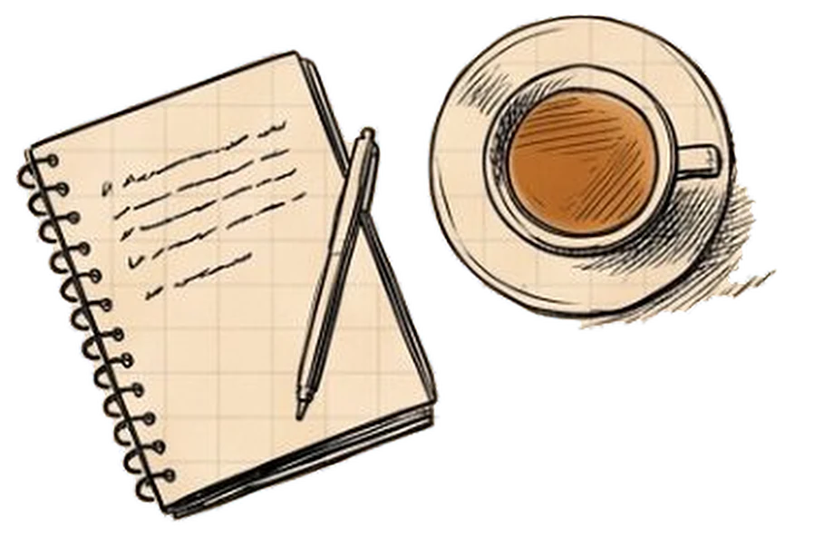Ink sketch of a spiral notebook, a pen and a cup of chai on a saucer