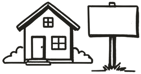 Ink sketch of a small house beside a blank sale board